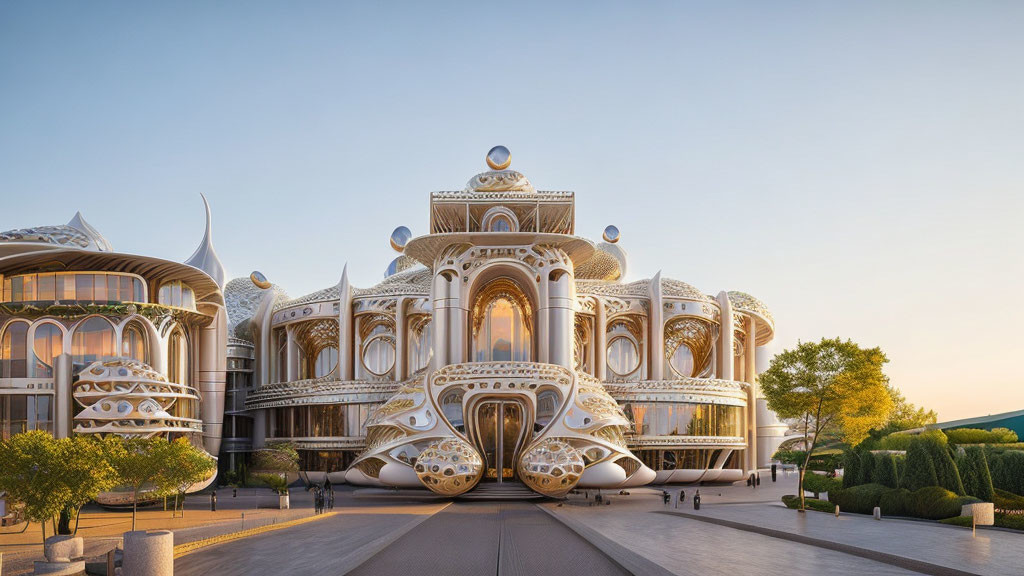 Ornate modern building with futuristic design, glass spheres, and golden accents