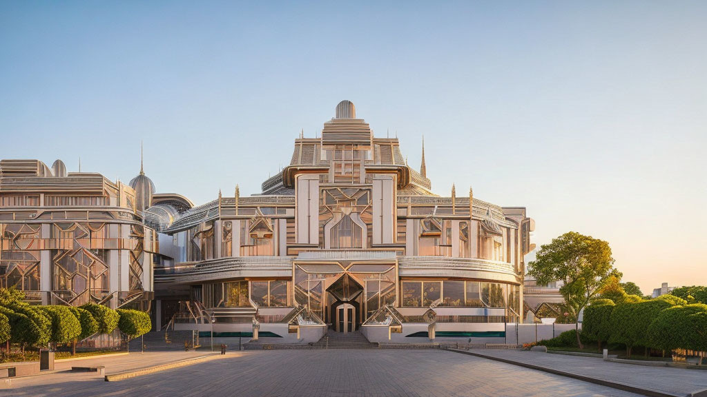 Modern building with metallic and glass facades and art deco elements in futuristic design at dusk or dawn