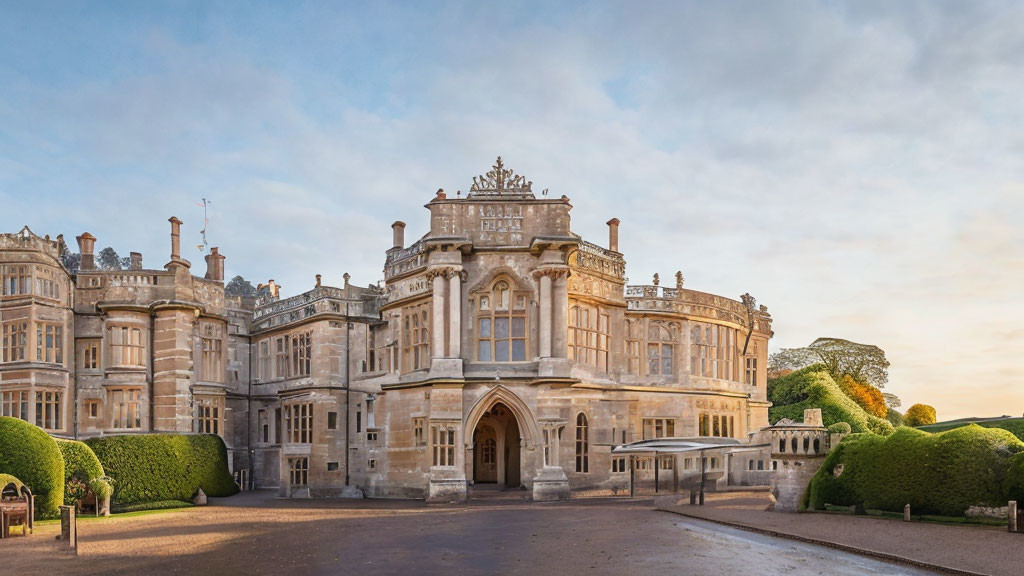 Historic mansion with elaborate stonework at sunset