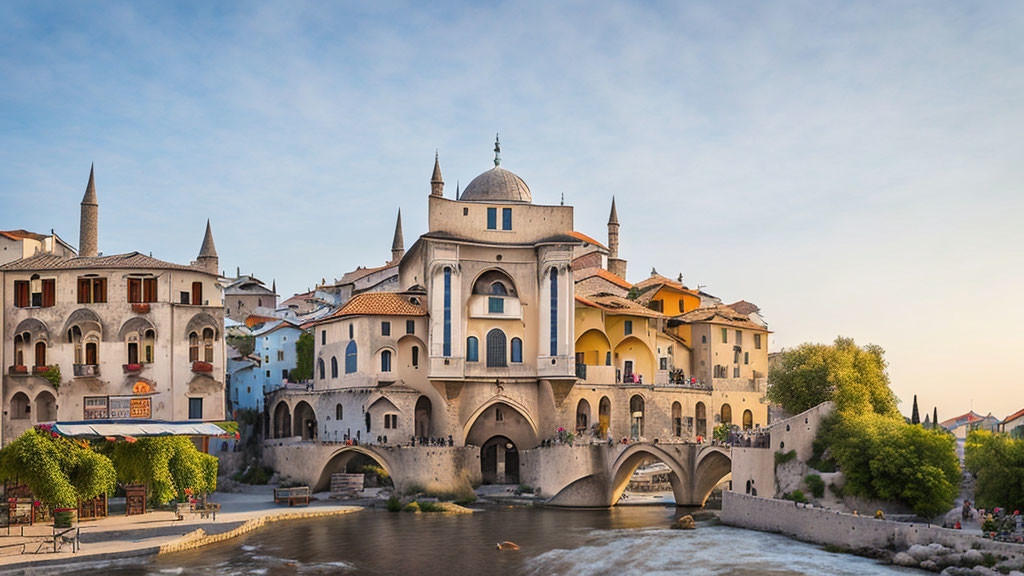 Ancient arched bridge over river with Italian architecture under evening sky