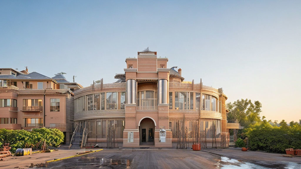 Large Elegant Building Under Construction with Beige Facade and Scaffolding Against Clear Dawn or Dusk