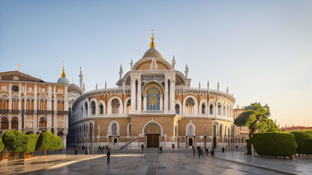 Ornate cathedral with domes and arches in soft light and plaza with people and trees