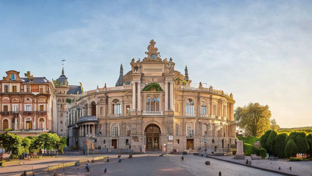 Historic building with archway, sculptures, clock, trees, clear twilight sky