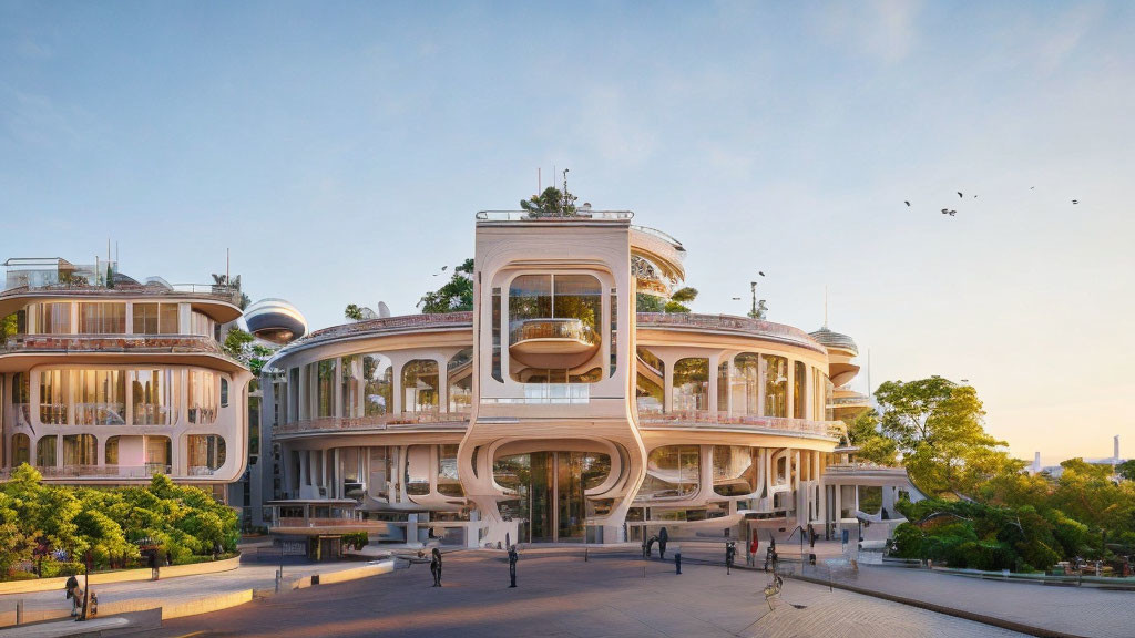 Curvilinear architecture with glass facades and greenery, people outside.