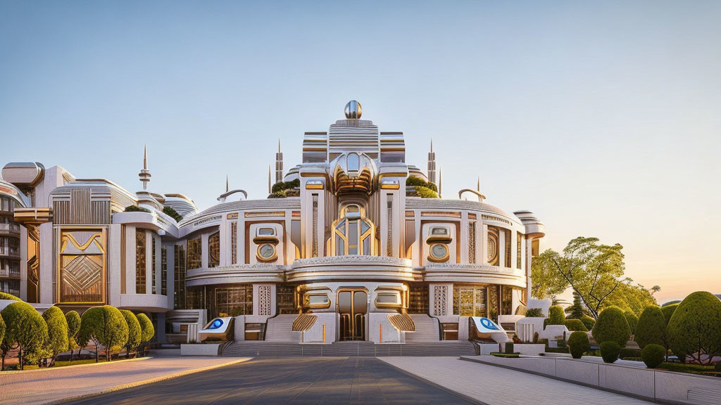 Symmetrical Art Deco-inspired futuristic building with metallic ornamentation in manicured garden setting