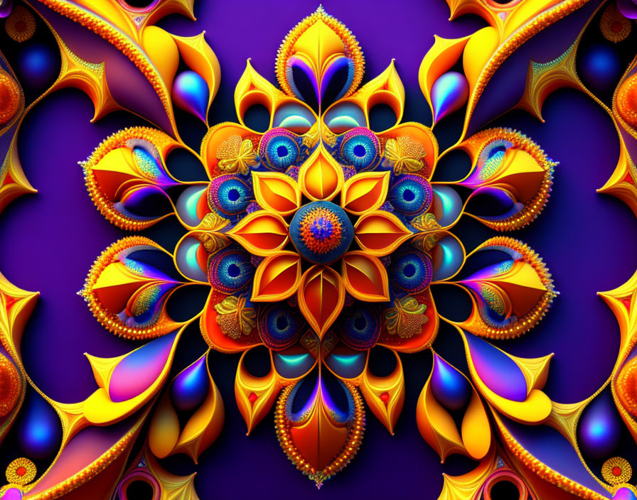 Colorful Symmetrical Floral Fractal Art in Orange, Yellow, and Blue on Purple