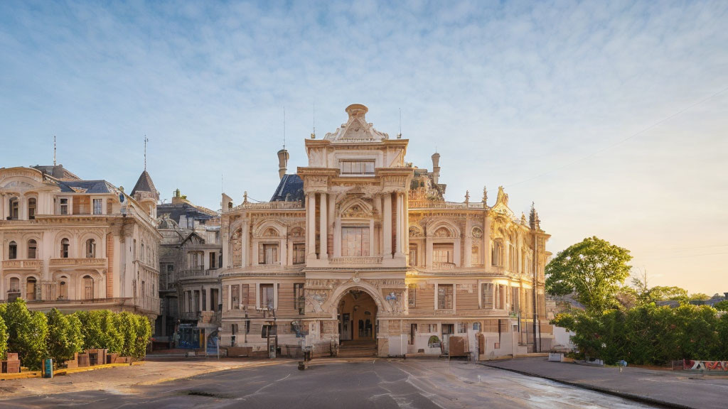 European-style building with intricate facades and central archway at sunrise or sunset