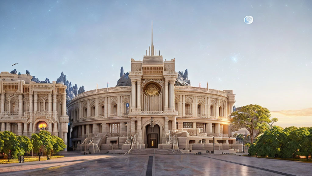 Neoclassical building with central clock, mountains, and clear sky