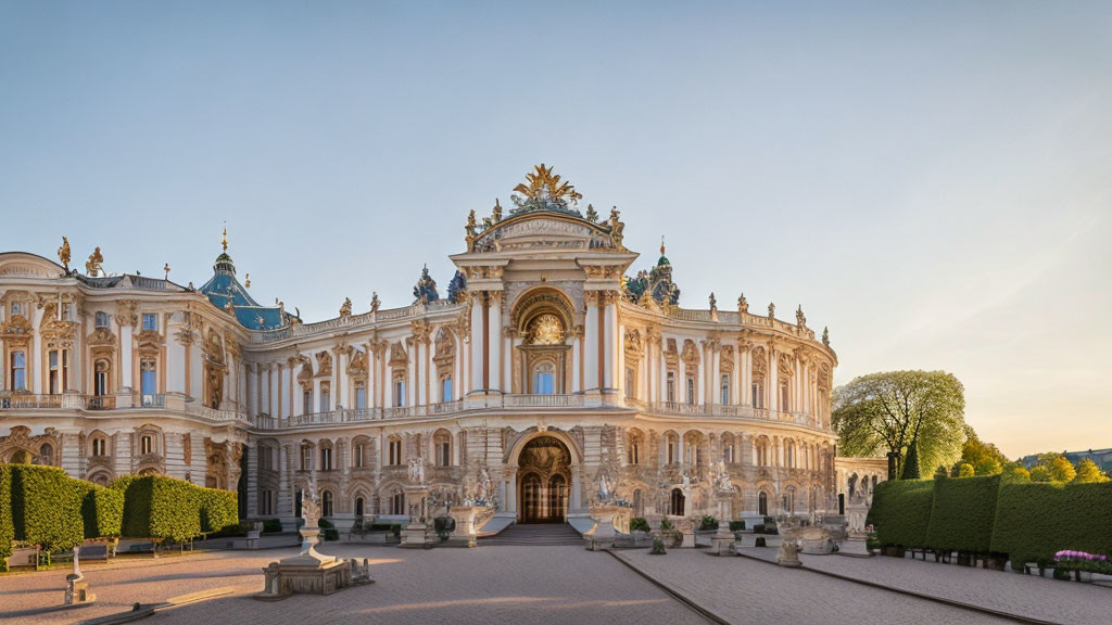 Baroque palace with intricate facades and ornate sculptures at dusk