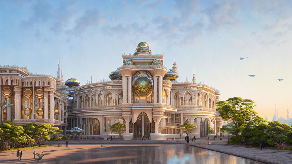 Futuristic palace with domes, garden, and reflective pool under serene sky