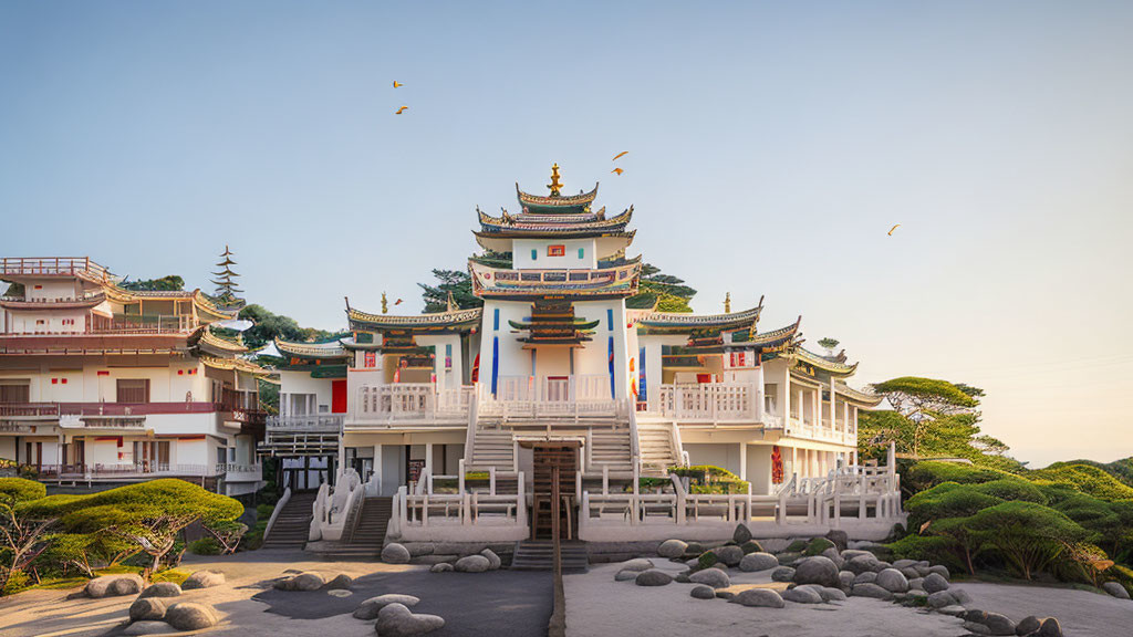 Traditional East Asian-style building with tiered design and ornate decorations amidst manicured trees under clear sky