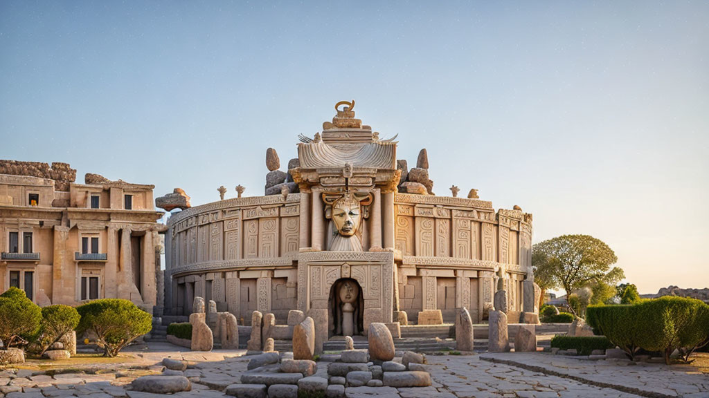 Ancient-style structure with large face sculpture, scattered stones, and manicured shrubs