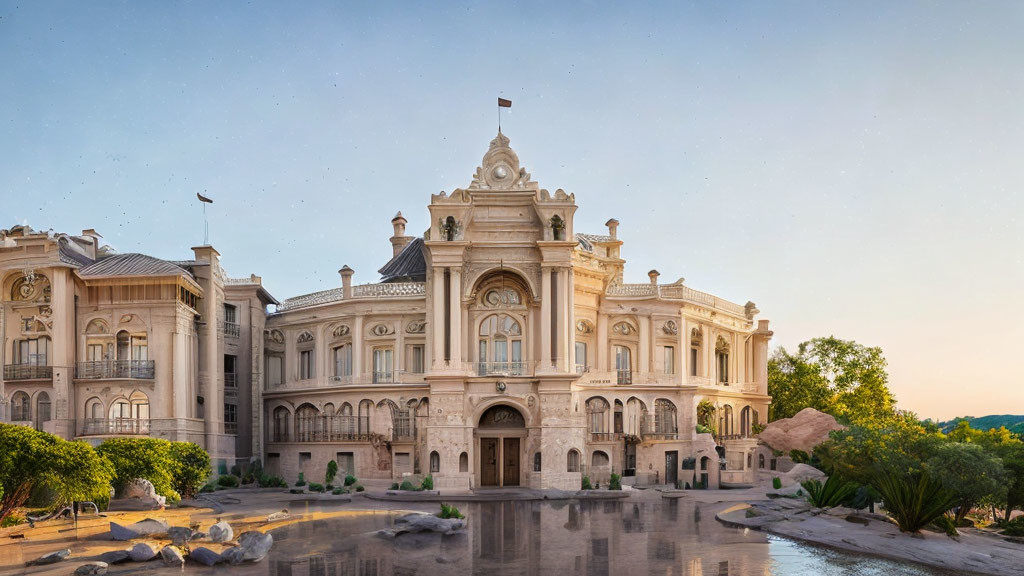 Classical building with intricate facades reflected in tranquil water at sunset