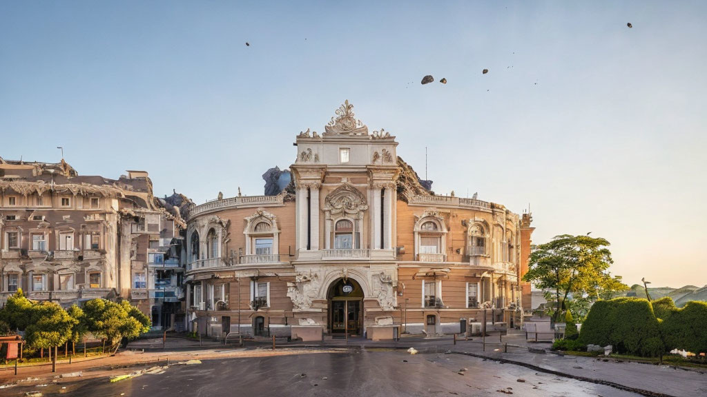 Classical architecture building with grand entrance and sculptures at sunrise