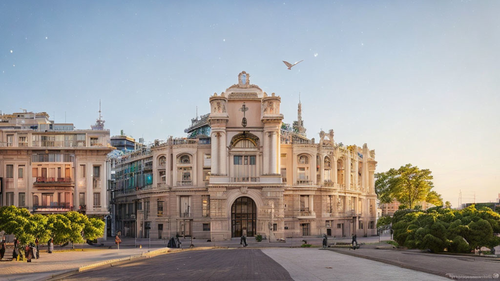 Neoclassical building with ornate facade and sculptures in a square