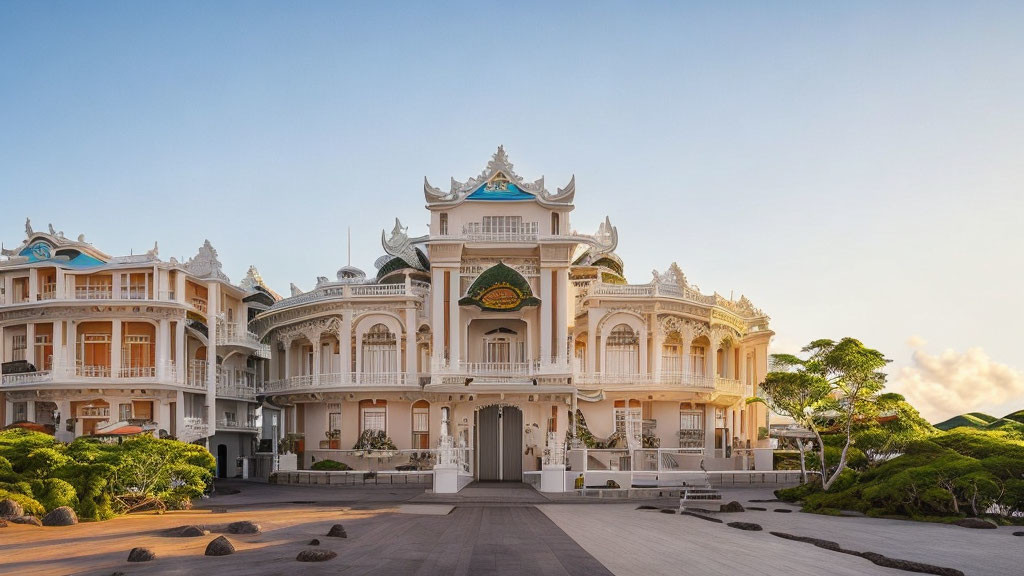 Traditional white building with arches, balconies, and dome against clear dusk sky