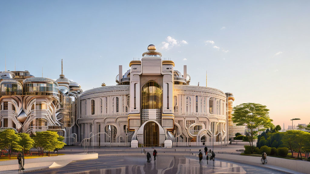 Blend of Classical and Modern Architecture with Large Windows, Domes, and Pedestrians