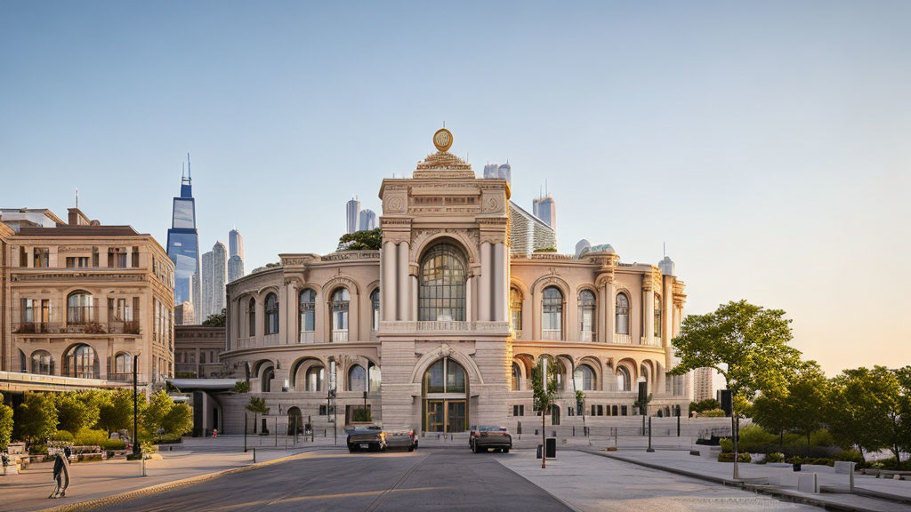 Classical building with modern skyline at sunrise or sunset