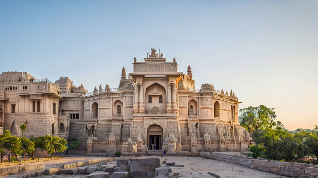 Majestic sandstone palace with intricate carvings under clear blue sky