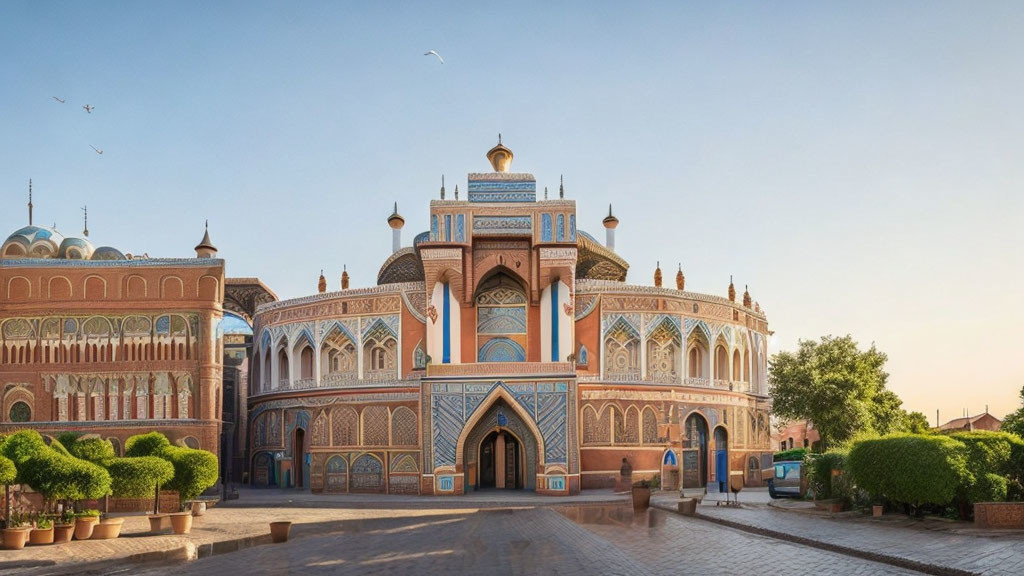 Traditional Islamic architecture with intricate patterns and arches against a clear blue sky