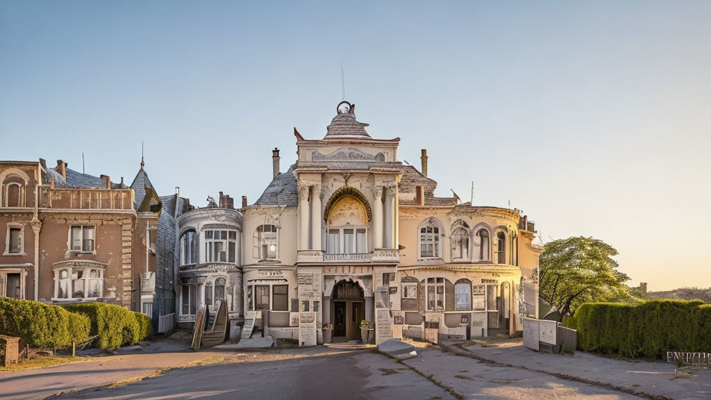 Classical architecture historic building with ornate facade and symmetrically designed structures at sunset