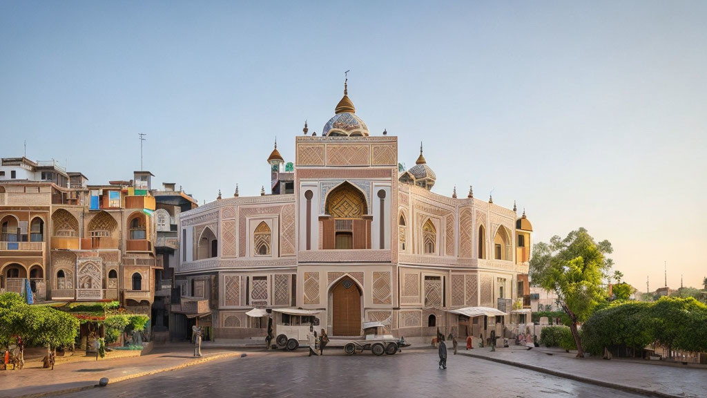 Ornate building with domes and intricate designs in cityscape scene