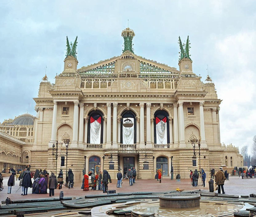 Neoclassical building with grand staircase and visitors under grey sky