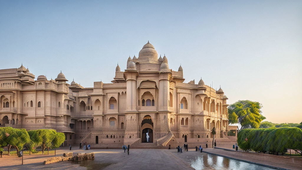 Historical palace with domes and arches in manicured gardens at dusk