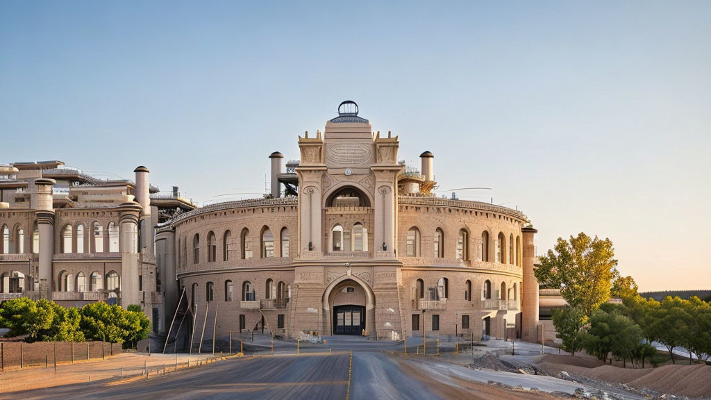 Neoclassical building with arched windows and central dome at sunrise or sunset