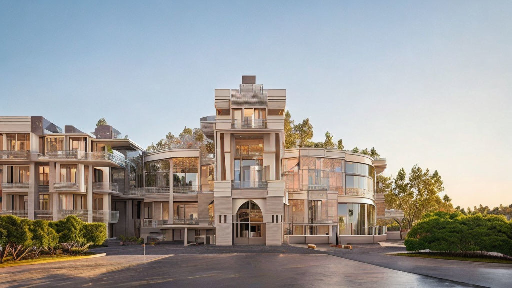 Symmetrical multi-story building with large windows and balconies at dusk