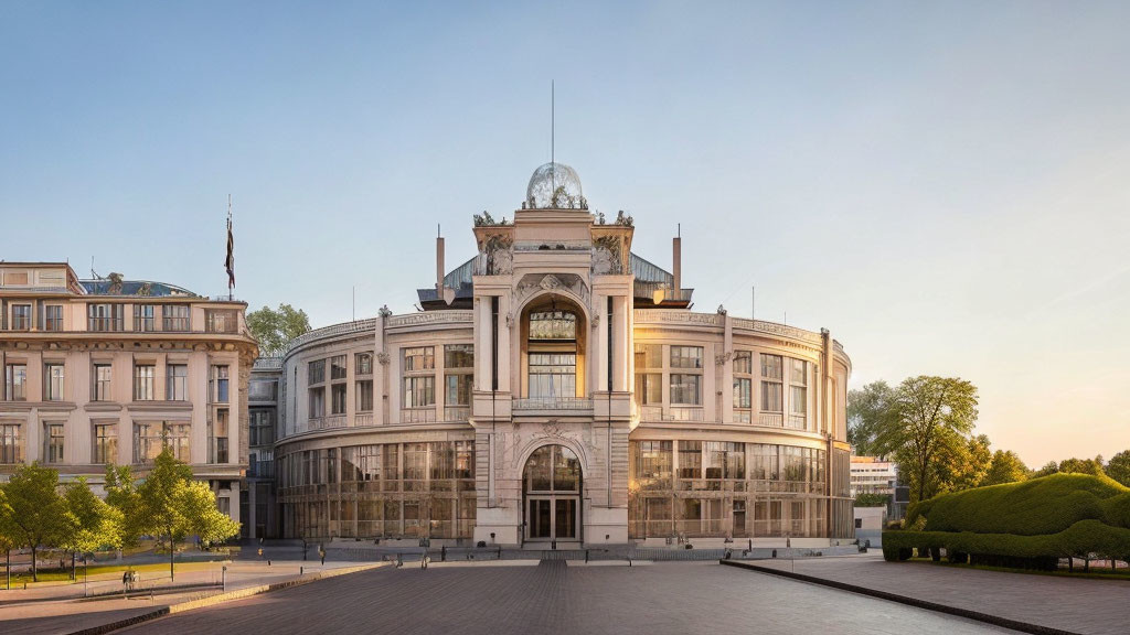 Prominent glass dome and classical façade on elegant building overlooking square