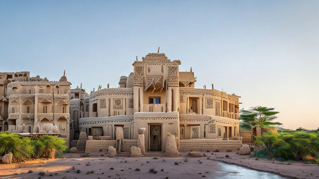 Traditional mud-brick building with intricate designs against clear sky