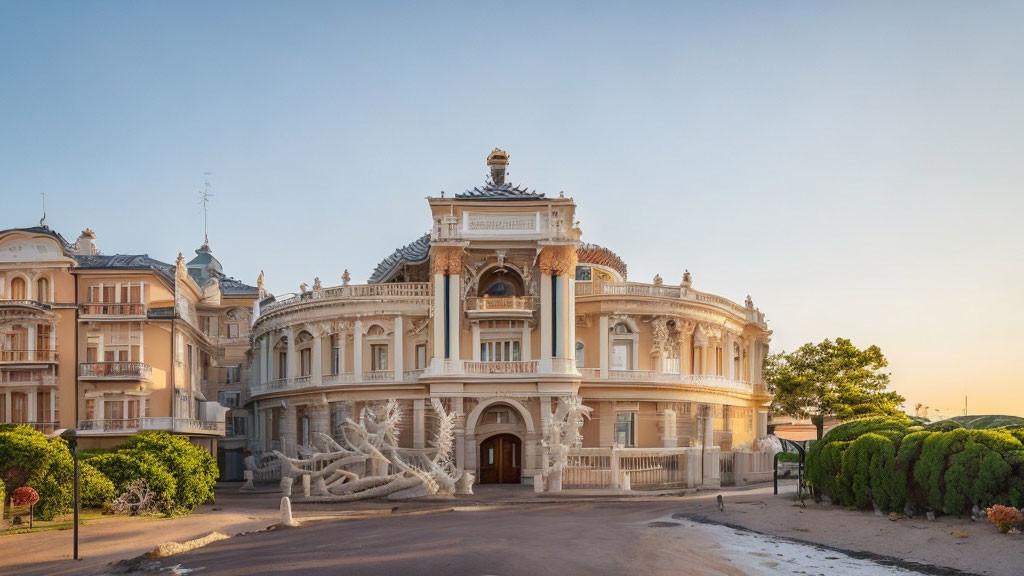 Historic building with classical architecture and lush vegetation at dusk