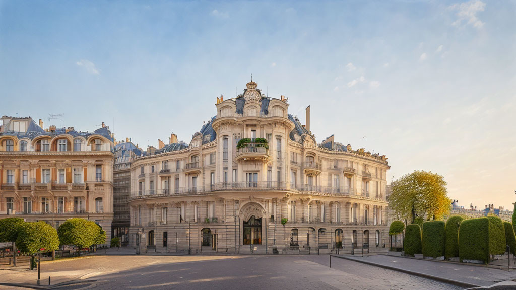 Ornate Building with Balconies and Sculptures in Peaceful City Street