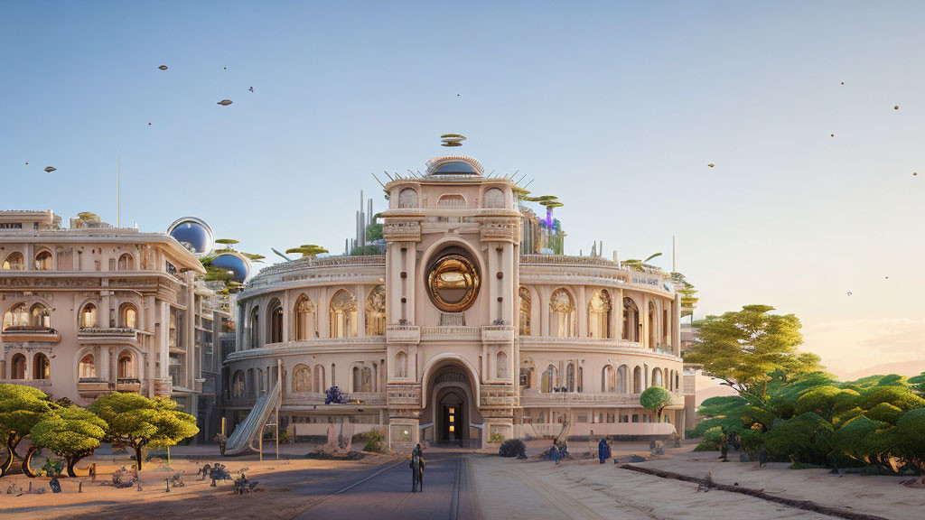 Classical building with large clock, greenery, people walking, flying objects in clear sky