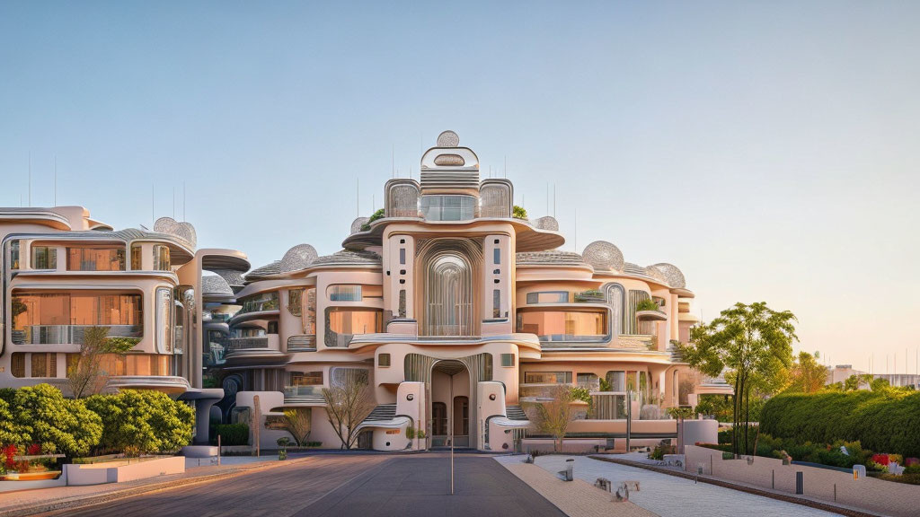 Sleek, Curved Residential Complex with Balconies and Large Windows at Dusk