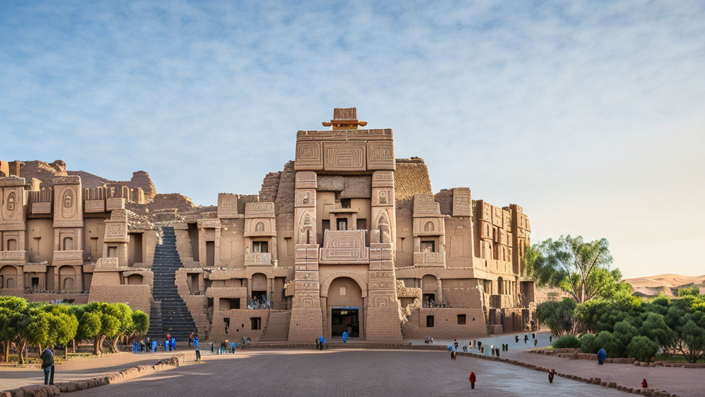 Traditional mud-brick building with intricate designs in a bustling cityscape