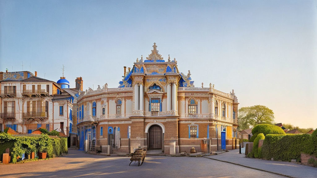 Baroque-style building with blue accents and European houses in scenic view