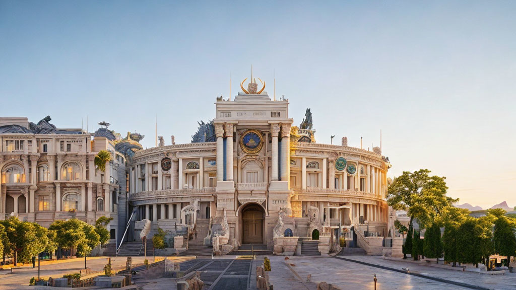 Classical architecture with grand staircase and sculptures under soft-lit sky