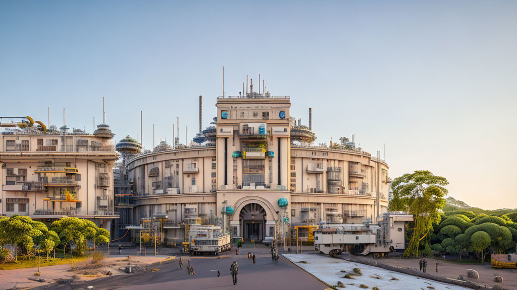 Circular multi-story building with balconies and towers at sunset