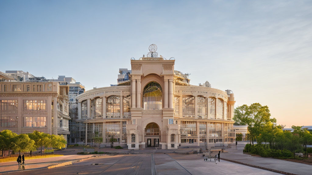 Classical building with arches and columns at sunset beside modern structures