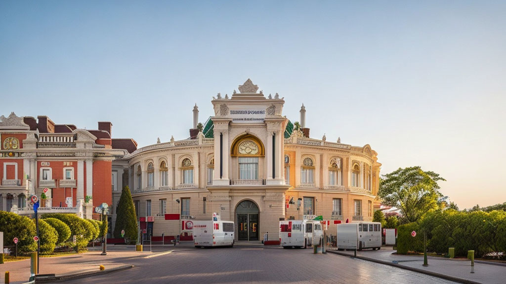 Grand Neo-Classical Building Facade with Clocks, Pediment, and Trees