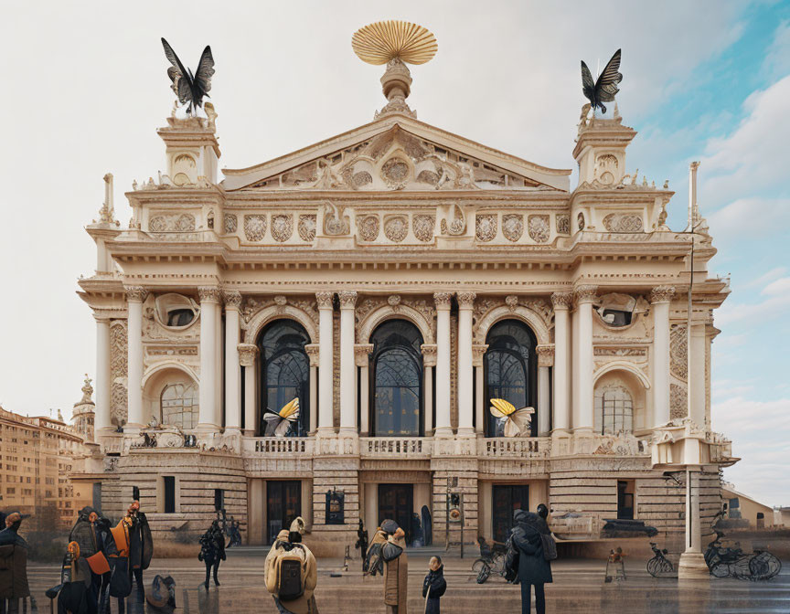 Grand Opera House with Intricate Architecture and Statues, Crowds Gathered in Square