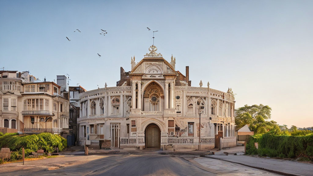 Ornate Historical Building with Detailed Facade and Birds in Clear Sky