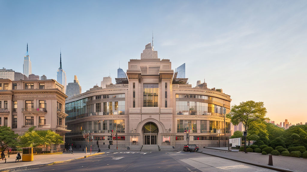 Contemporary building with large arch entrance and curved facade against city skyline at sunset