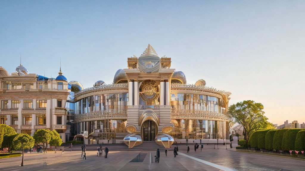 Elaborate facade and clock feature on grand building with classical architecture in clear sky.