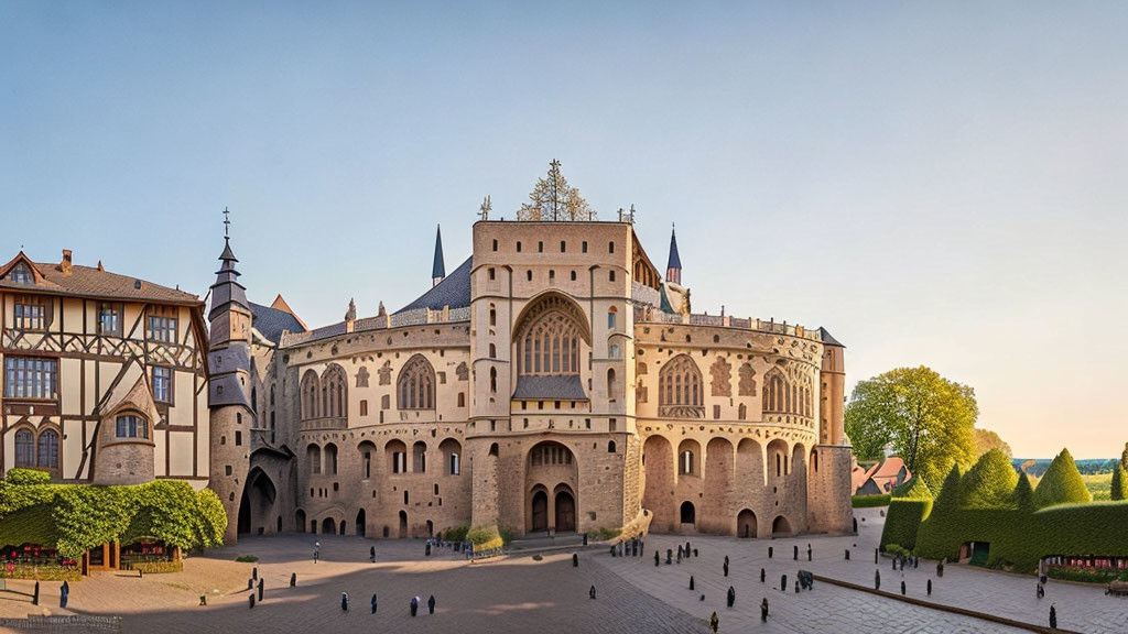 Historic Castle with Arched Entrances and Ornate Facade surrounded by Trimmed Hedges and