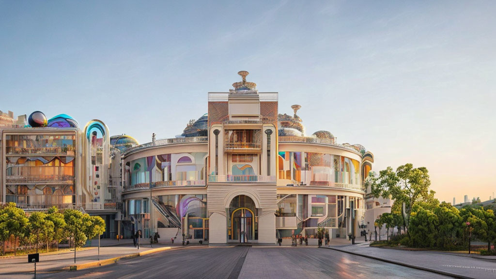 Colorful Art Nouveau building with intricate details under clear dusk sky