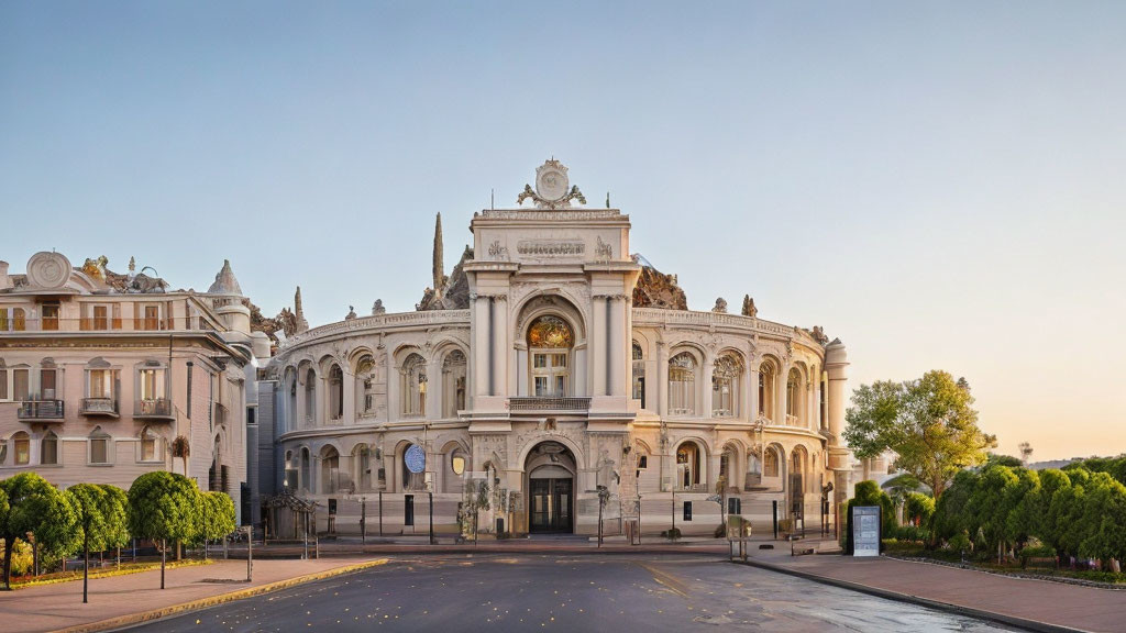 Neoclassical building with central archway and symmetrical wings