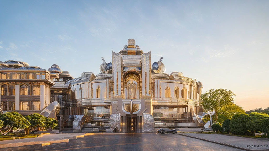 Ornate Building with Modern & Traditional Architecture at Sunset